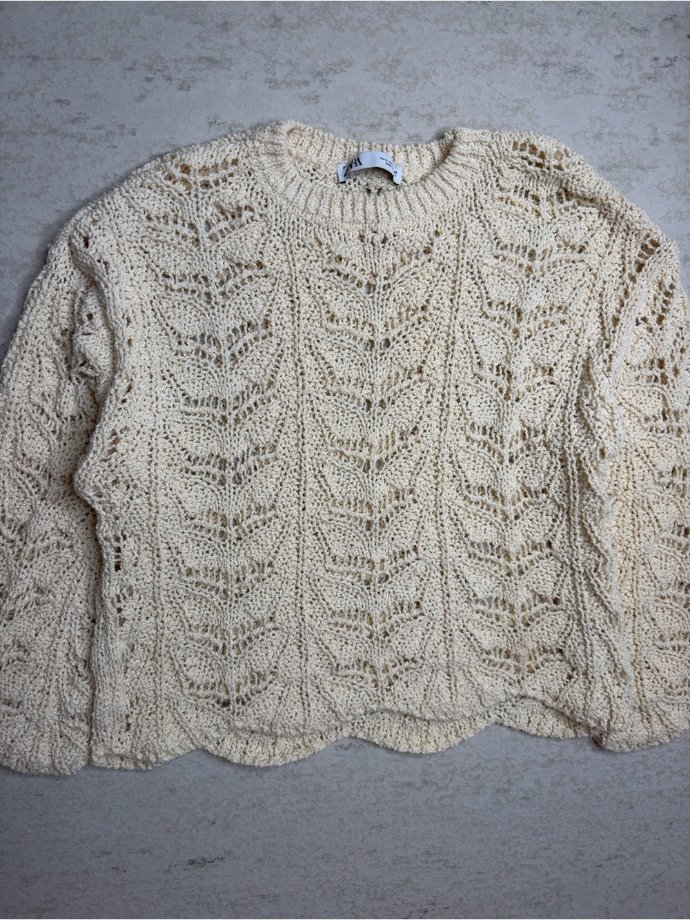 Zara Beige Scalloped Hem Crotched Knit Sweater Size S